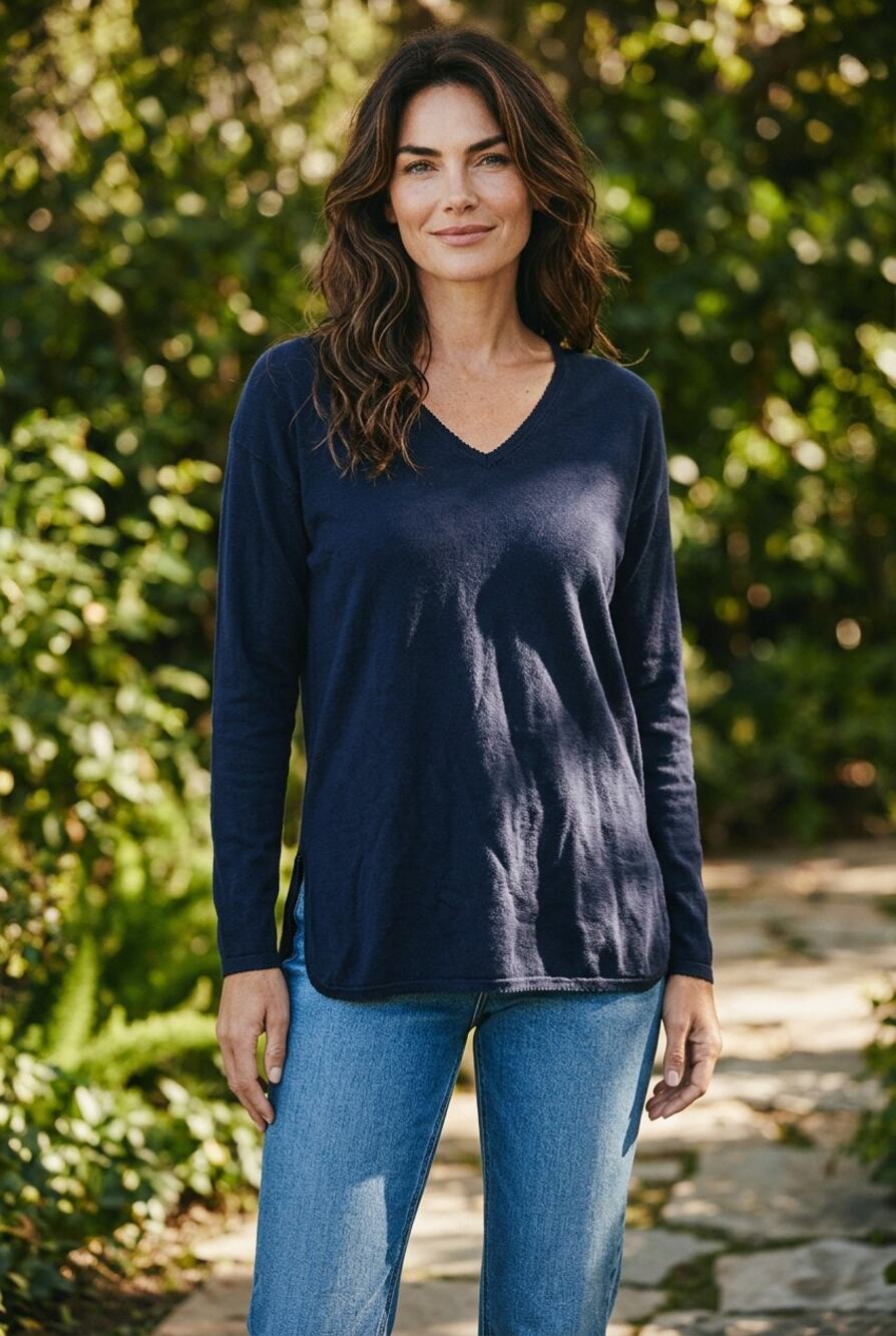 Sweater August 100% Silk M Navy Blue Knit V-neck Pullover Top Long Sleeve Women